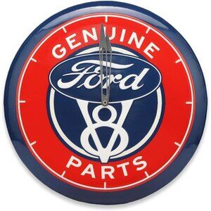 Official Ford V8 Genuine Parts Round Embossed Metal Hanging Wall Clock Collector